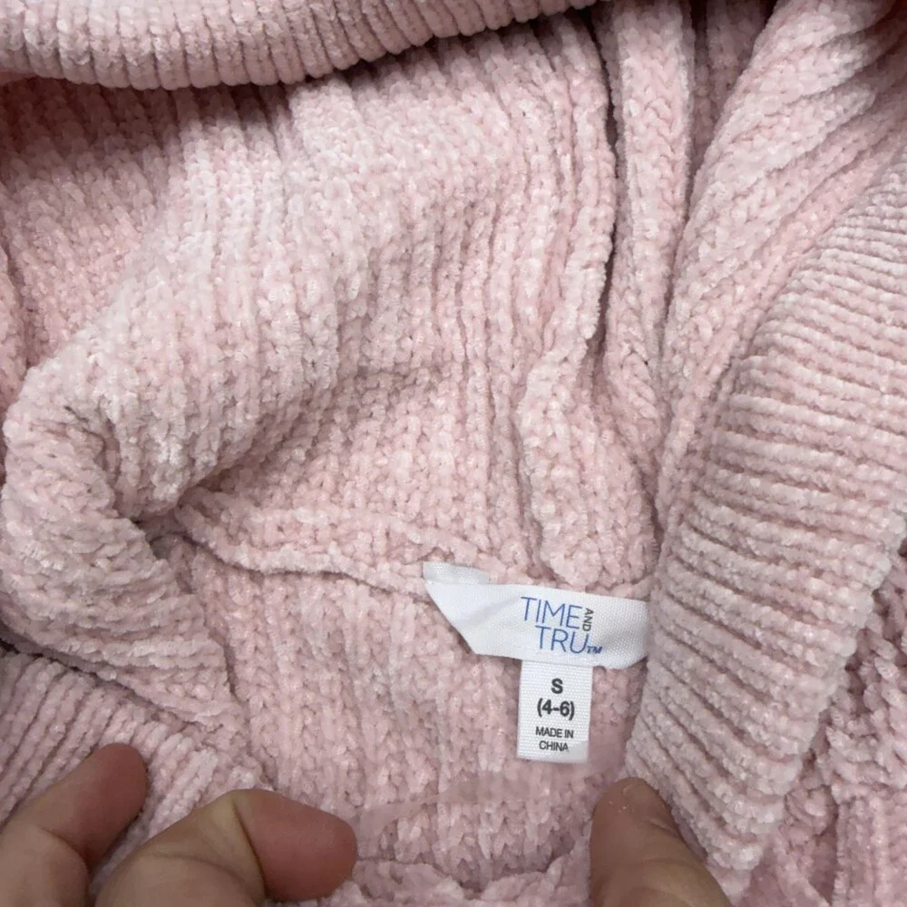 Time And Tru Sweater Hoodie Womens S Pink V Neck Cable Knit Winter Pullover